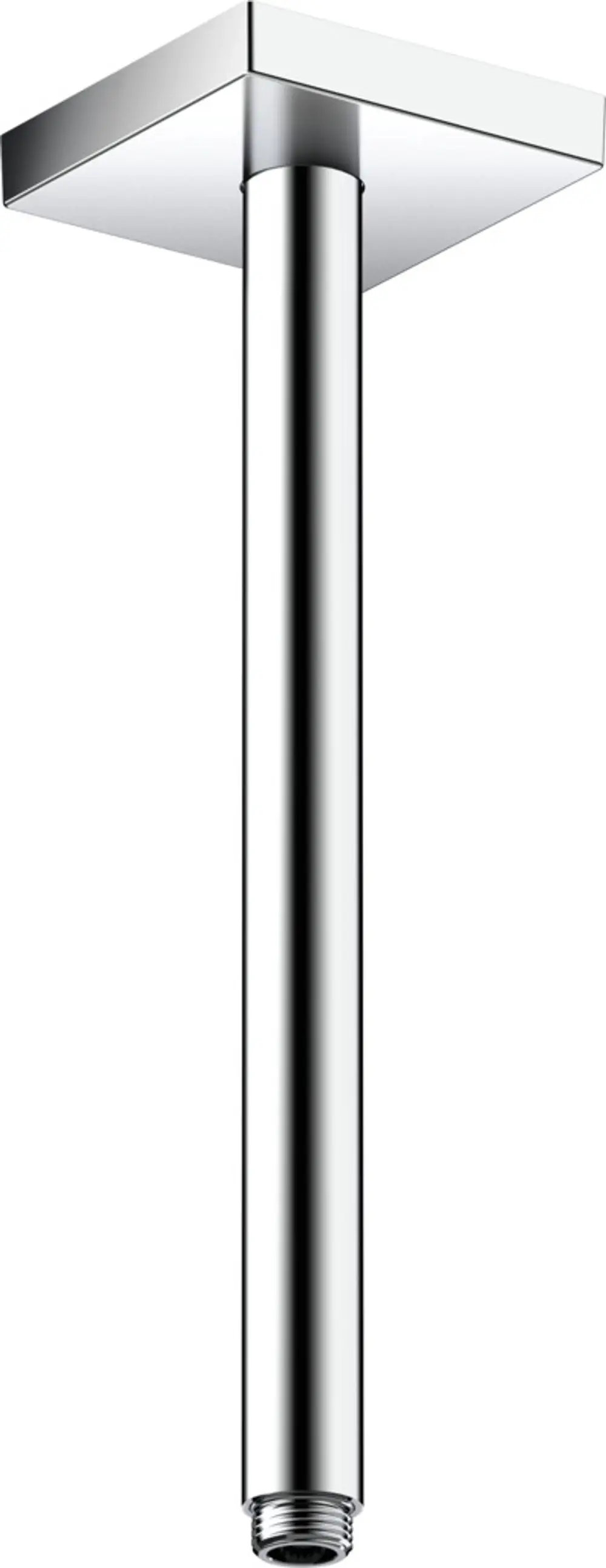 Chromfarbener Deckenanschluss mit quadratischer Halterung und integriertem Rohr, geeignet für die Montage von Duschkopf-Systemen. AXOR-Design.